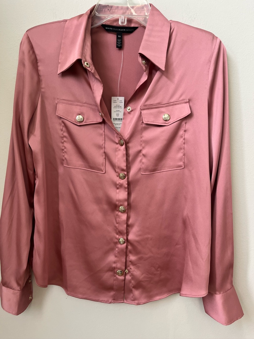 White House Black Market Satin Top Button Front Blouse Pink XS Silky Luxe - Picture 3 of 7
